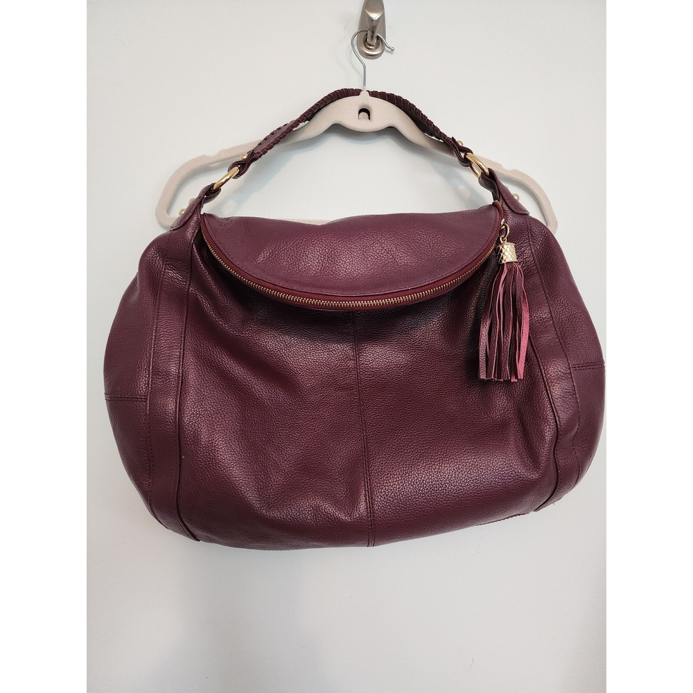 Onna Ehrlich Plum Pebbled Leather Hobo Bag Whipstitch Tassel Gold Hardware